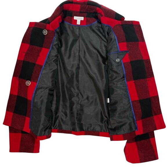 Charter Club Red Black Wool Plaid Peacoat Jacket Women’s Large Shoulder Pads - Picture 3 of 9